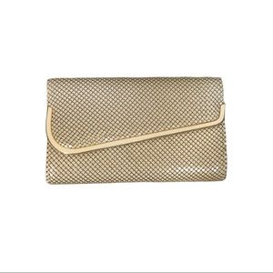 Tan and Gold beaded mesh clutch bag with strap